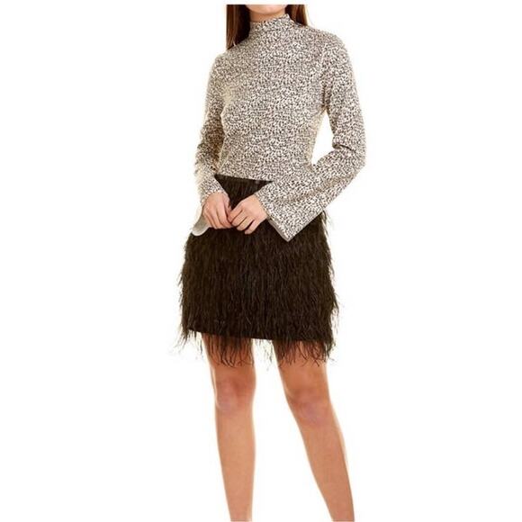 Tyler Boe Cheetah Feather tiered mock neck black Dress bell sleeved medium NWTs - Picture 1 of 11